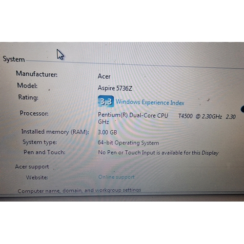 509 - Acer Aspire Laptop. Hdmi port, 3 gig Ram, pentium dual core processor, 300gig hard drive. Working at... 