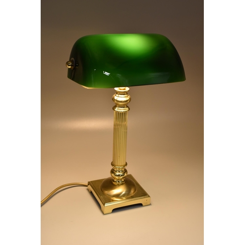 361 - Brass Column Bankers Lamp with Black Glass Shade and Switch (Working)