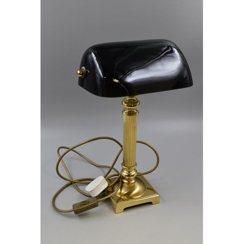 361 - Brass Column Bankers Lamp with Black Glass Shade and Switch (Working)