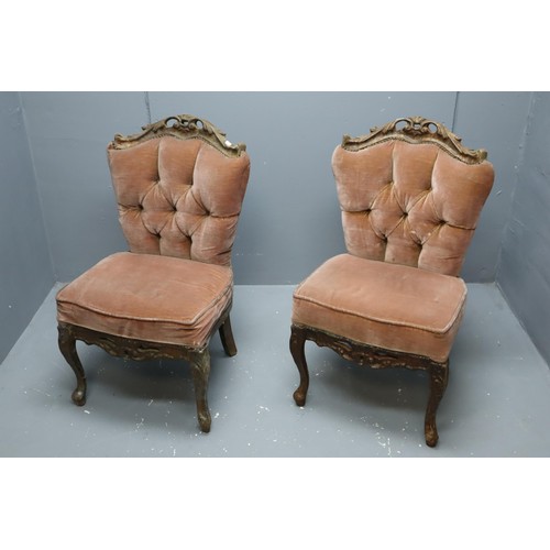 602 - A Pair of Antique Handcarved Velour Seated Dining Chairs, Approx 34