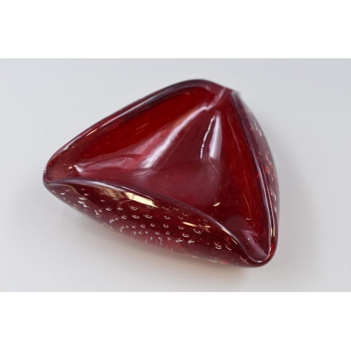 219 - A Whitefriars Red Glass Bubble Controlled Triangular Ashtray. Approx 5