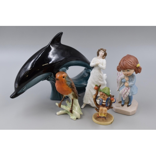 223 - Selection of 5 Ceramic Figures including Poole Dolphin, Royal Doulton Forget me Not, Goebel and Mopp... 