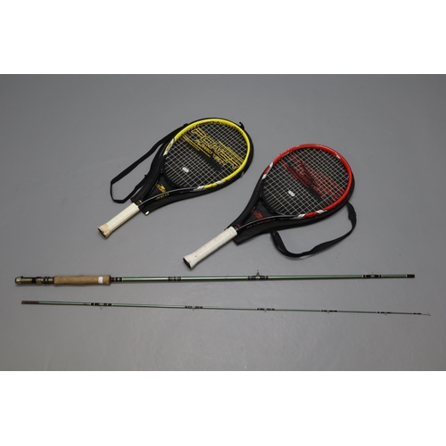 621 - Light green 2 piece fly fishing rod (unsure of weight) & two Crane power fused tech tennis racke... 