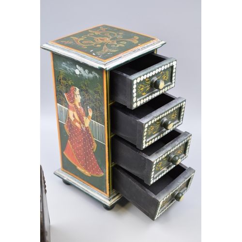 691 - Three containers, 1 small 4 drawer chest with Indian design 14