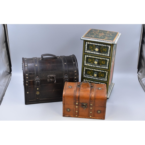 691 - Three containers, 1 small 4 drawer chest with Indian design 14