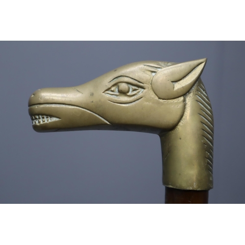 405 - A Hallmarked Birmingham Silver Mounted Brass Horse Head Walking Stick, Circa 1922