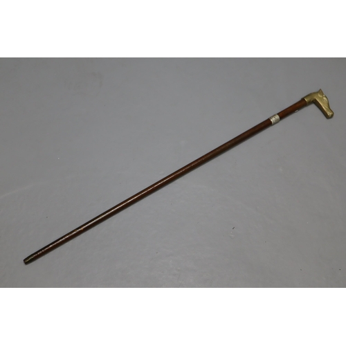 405 - A Hallmarked Birmingham Silver Mounted Brass Horse Head Walking Stick, Circa 1922