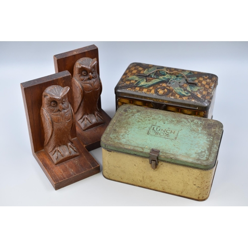 694 - Two wooden owl book ends one with damage plus vintage metal lunchbox tin & Chlorodyne lozenges m... 