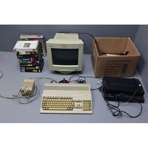 410 - Amiga Commodore A500+ with power supply, external drive, compaq P50 monitor, and monitor station, Gr... 