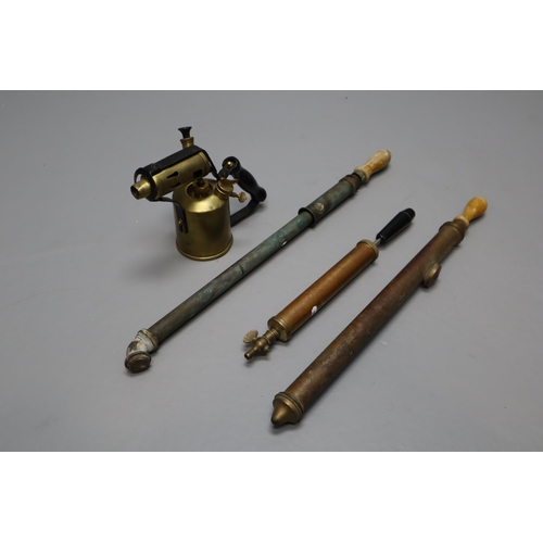 695 - Three Vintage Copper and Brass Water Sprayers, With Brass Blowtorch