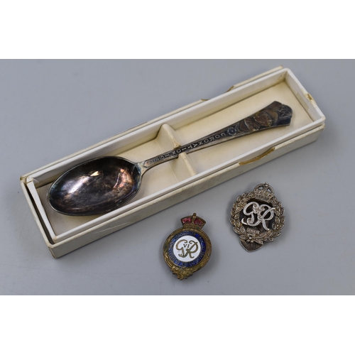 250 - Mappin & Webb 1937 Coronation Spoon in Original Box, 1937 Enamelled Badge, and George VI Badge