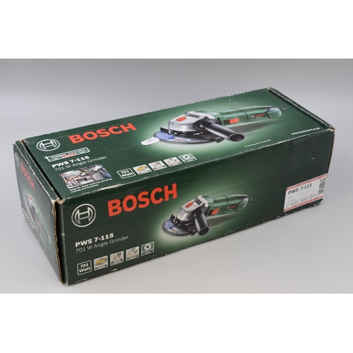 641 - Boxed Bosch PWS 7-115 angle grinder in as new condition working when tested