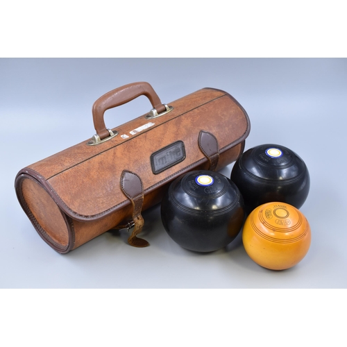 643 - Lawn Bowls With Tan Leather Carry Case, To Include Two Thomas Taylor of Scotland Size 3 Bowls and Ye... 