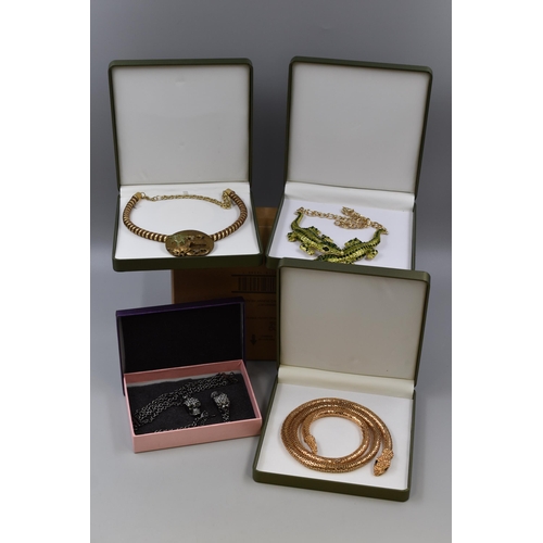 444 - Four Designer Statement Jewellery Pieces To Include Noah's Arc Necklace, Snake Necklace, Crocodile N... 