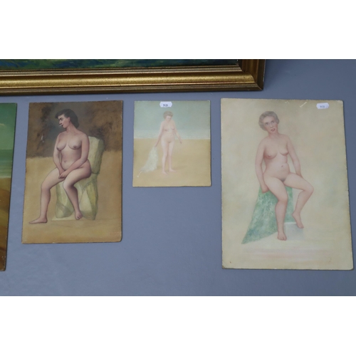 710 - Five Original Oil Paintings To Include Four Oil on Board Nudes, And A Framed Oil in Canvas Landscape... 