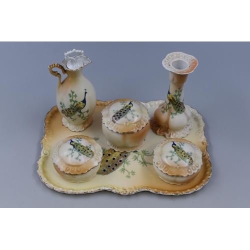 267 - Victoria Hand Painted Peacock themed Tray with Lidded trinket Boxes, Candleholder and More