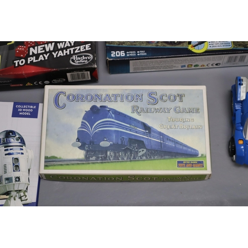 748 - A Selection of Toys To Include R2-D2 Wood Model, Battleship, Transformers, Hot Wheels and More