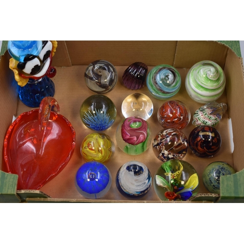 286 - A Box of Various Paperweights and Glassware. Includes Murano Clown, Swan Dish, Cheddar Gorge Paperwe... 