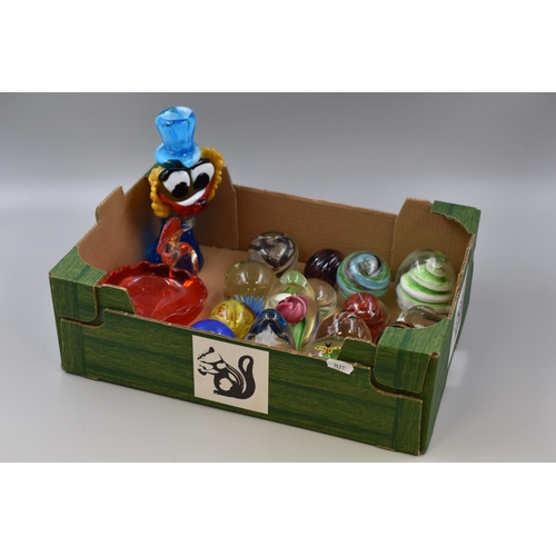 286 - A Box of Various Paperweights and Glassware. Includes Murano Clown, Swan Dish, Cheddar Gorge Paperwe... 