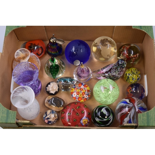 287 - A Box of Various Paperwights and Glassware. Includes Pears, Resin Scorpion, Millefiori, Davis Globe,... 