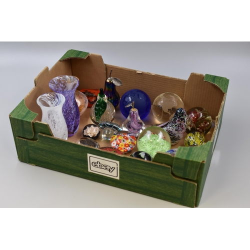 287 - A Box of Various Paperwights and Glassware. Includes Pears, Resin Scorpion, Millefiori, Davis Globe,... 