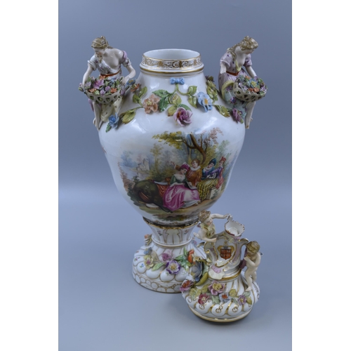 291 - Pair Of Mammoth Dresden Potschappel Carl Thieme Polychrome Porcelain Flower Encrusted Covered Urns 1... 