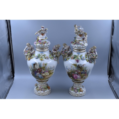 291 - Pair Of Mammoth Dresden Potschappel Carl Thieme Polychrome Porcelain Flower Encrusted Covered Urns 1... 