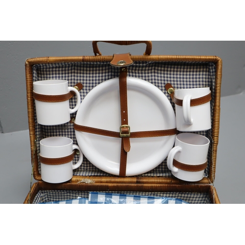 681 - Wicker Picnic Basket complete with Cups, Plates, Knive, Fork and Spoon Sets and plastic Sheet, Get r... 