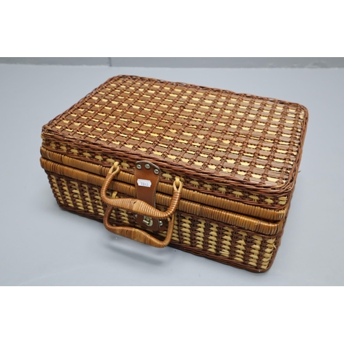 681 - Wicker Picnic Basket complete with Cups, Plates, Knive, Fork and Spoon Sets and plastic Sheet, Get r... 