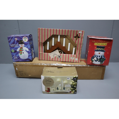 782 - Collection of Christmas items. To include, a snowman cookie jar, 1.2mtr inflatable snowman, musical ... 