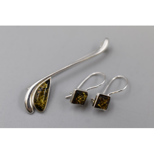 5 - Yellow Amber Brooch & Earring Set. Silver 925