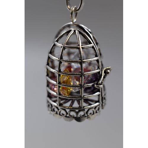 65 - Silver Cage Pendant Necklace with a Selection of Gemstones and Presentation Box