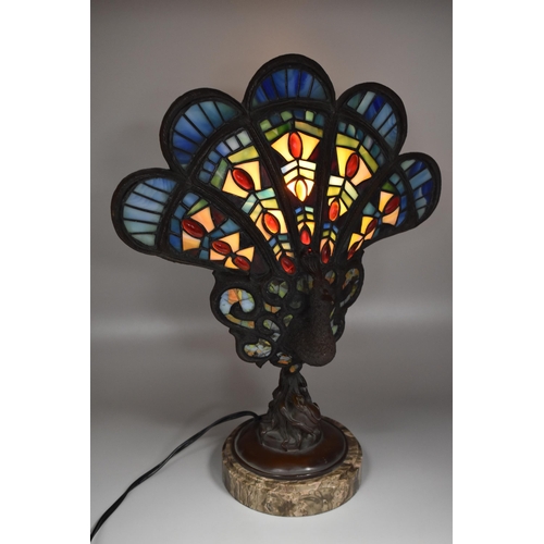 342 - Large Cast Bronzed Tiffany Style Peacock Lamp Standing on Marble Base (21