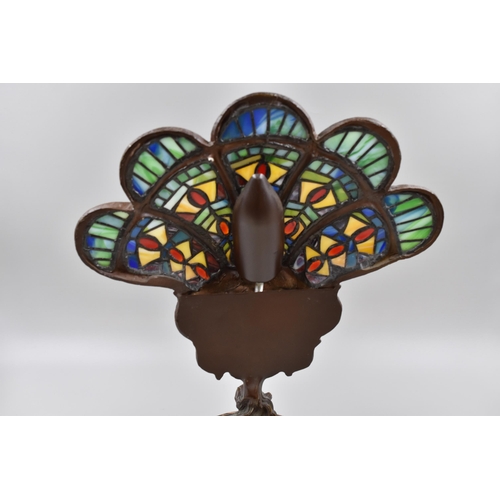 342 - Large Cast Bronzed Tiffany Style Peacock Lamp Standing on Marble Base (21