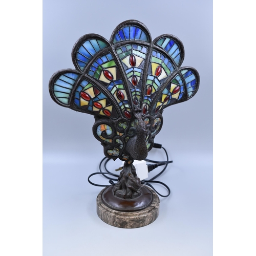 342 - Large Cast Bronzed Tiffany Style Peacock Lamp Standing on Marble Base (21