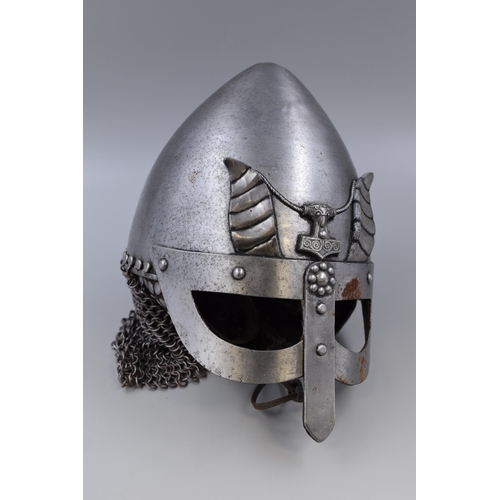 344 - A Replica Viking Helmet With Thors Hammer Decoration and Chainmail Back