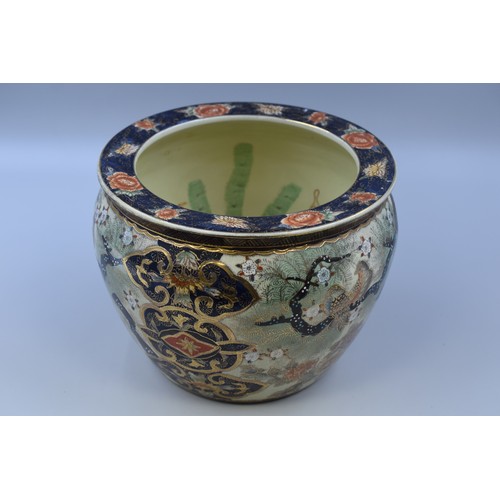 348 - 3 Vintage Chinese porcelain figures (a/f) with a large hand painted porcelain fish bowl planter