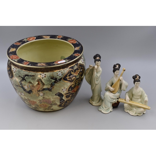 348 - 3 Vintage Chinese porcelain figures (a/f) with a large hand painted porcelain fish bowl planter