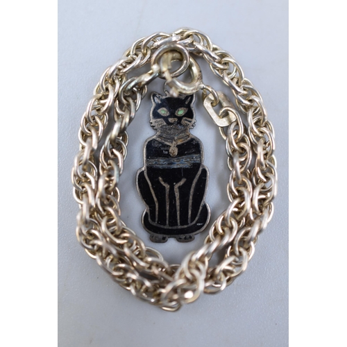 93 - A Vintage Enamelled Black Cat Pendant With 925. Silver Prince of Wales Chain Bracelet