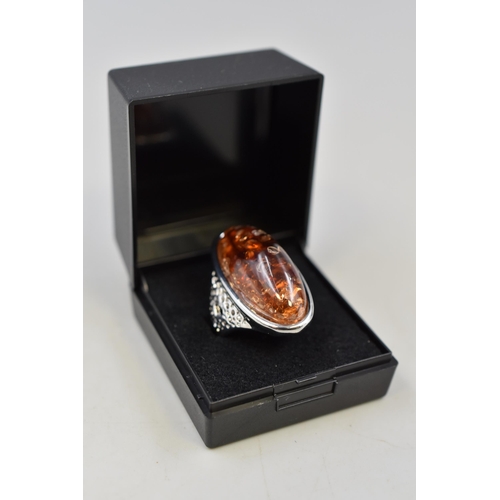 95 - Silver 925 Large Amber Stoned Ring Complete with Presentation Box