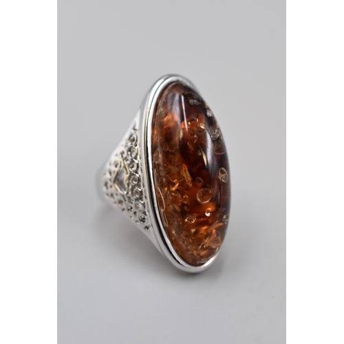 95 - Silver 925 Large Amber Stoned Ring Complete with Presentation Box