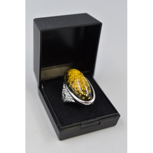 96 - Silver 925 Large Amber Stoned Ring Complete with Presentation Box