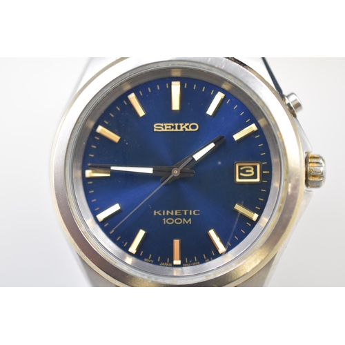 110 - Vintage Seiko Kinetic Time and date Waterproof 100m Watch with Deep Sea Blue Face comes with Spare l... 