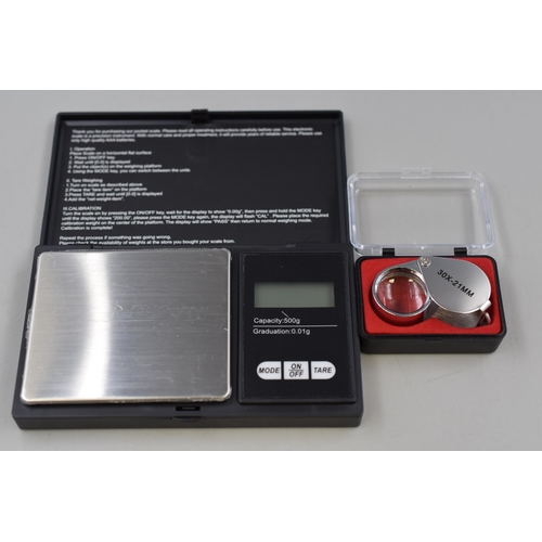 133 - Set of 500 gram Professional Scales and a 30x-21mm Jewellers Loop