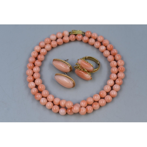 135 - Vintage Salmon Coral Necklace, Earring and Ring Set in Gift Box