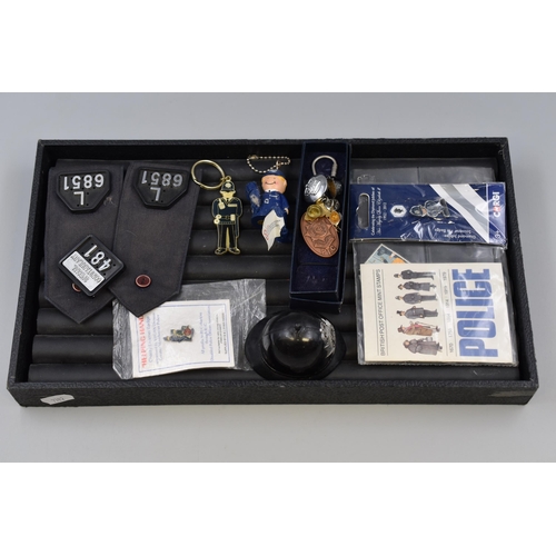 146 - Mixed Tray Including Police Key Chain, Police Pin Badge and More