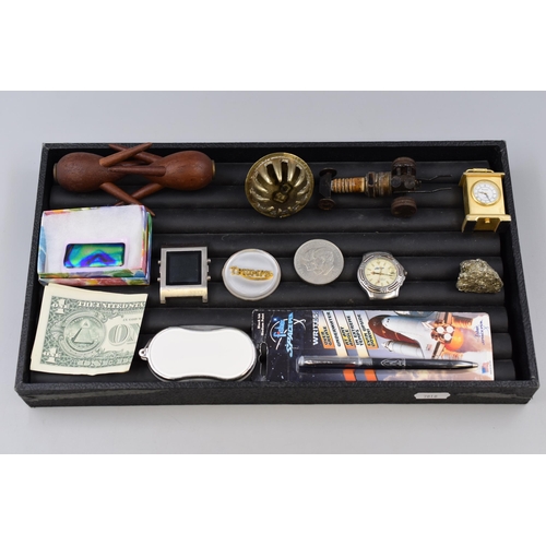 147 - Mixed Tray Including Coin, Digital Watch, One Dollar Bank Note and More