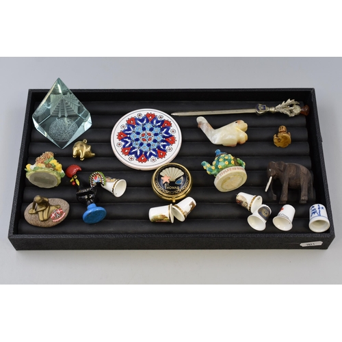 148 - Mixed Tray Including Various Paperweights, Trinkets and Thimbles