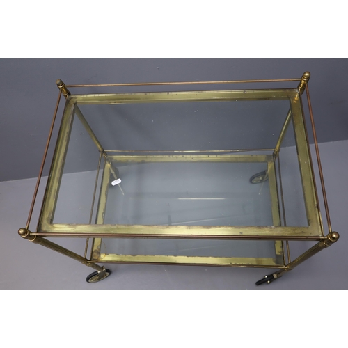 628 - Large Heavy Vintage Brass Glass Shelved Drinks Serving Trolley.