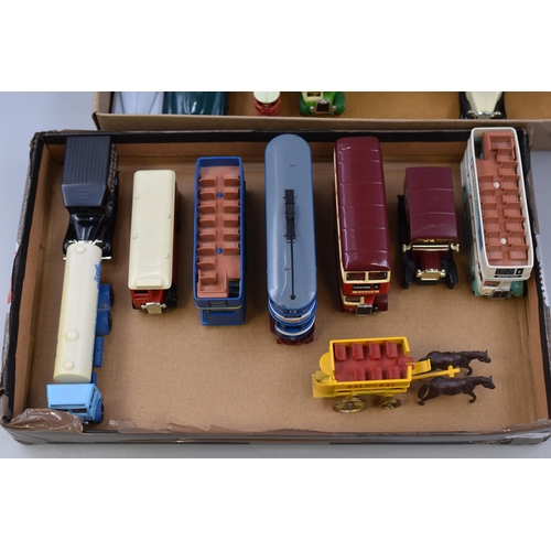 580 - Selection of 24 Die-Cast Scale Models of Buses, Cars and Trams in Various Makes (two boxes)